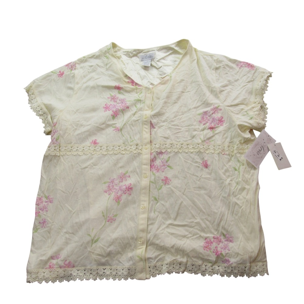 Aria Womens 2X Pajama Top Yellow‎ Pink Floral 100% Cotton Lace Trim NWT 97767